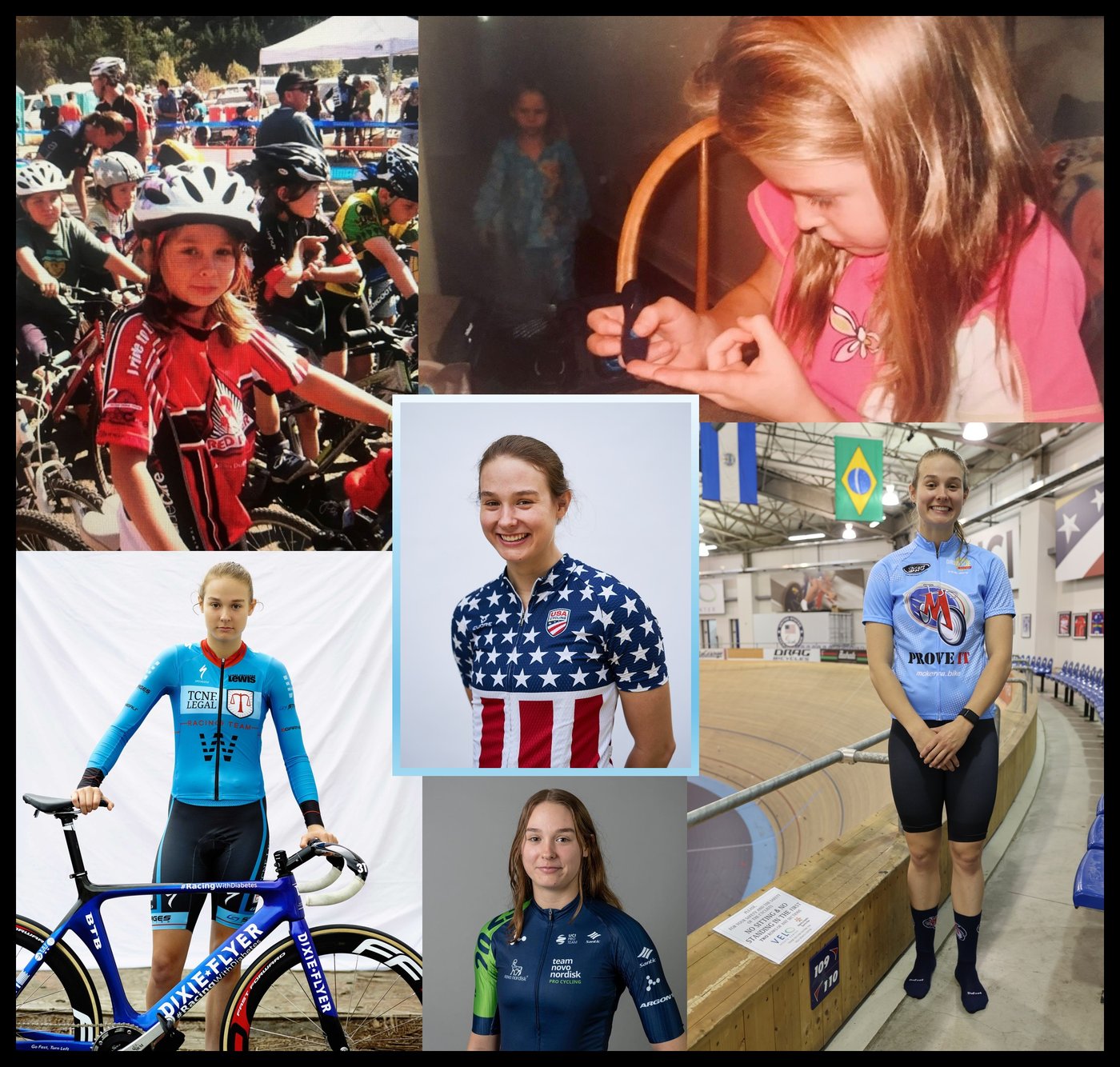 Collage of McKenna on her bike and at various stages in her life
